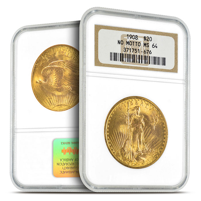 1908 No Motto $20 Gold Saint Gaudens NGC MS64