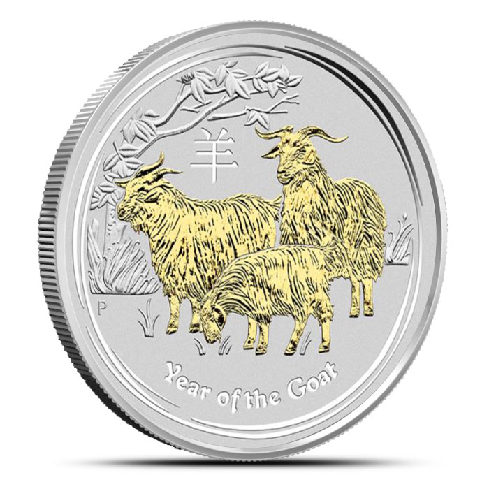 2015 Australian Year of the Goat 1 oz Gilded Silver Coin obverse