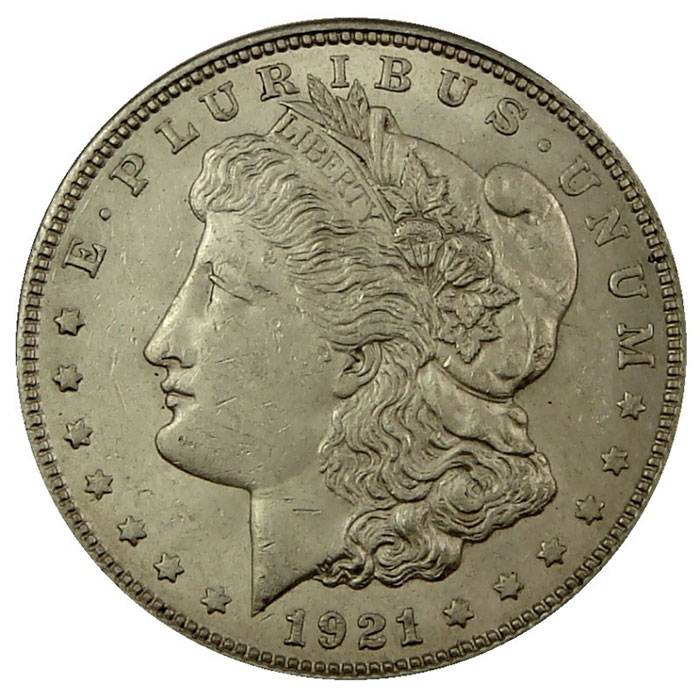 1921 US Morgan Silver Dollars Almost Uncirculated Obverse
